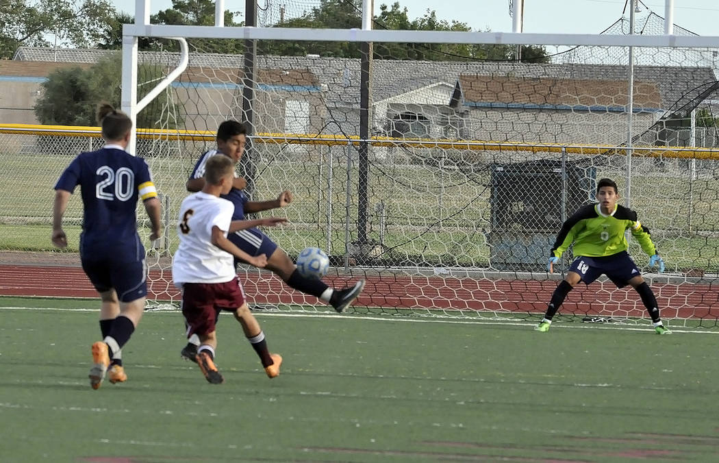 Horace Langford Jr./Pahrump Valley Times
Freshman midfielder Vincent DiBlasi scores his first goal of the season and the Trojans take on 1-0 lead into halftime.
