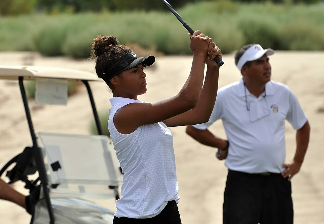 Horace Langford Jr./Pahrump Valley Times
Sophomore Ashliegh Murphy for Pahrump tees off the ball at a recent Mountain Falls match. The team will depend on golfers like Murphy to score well at the  ...