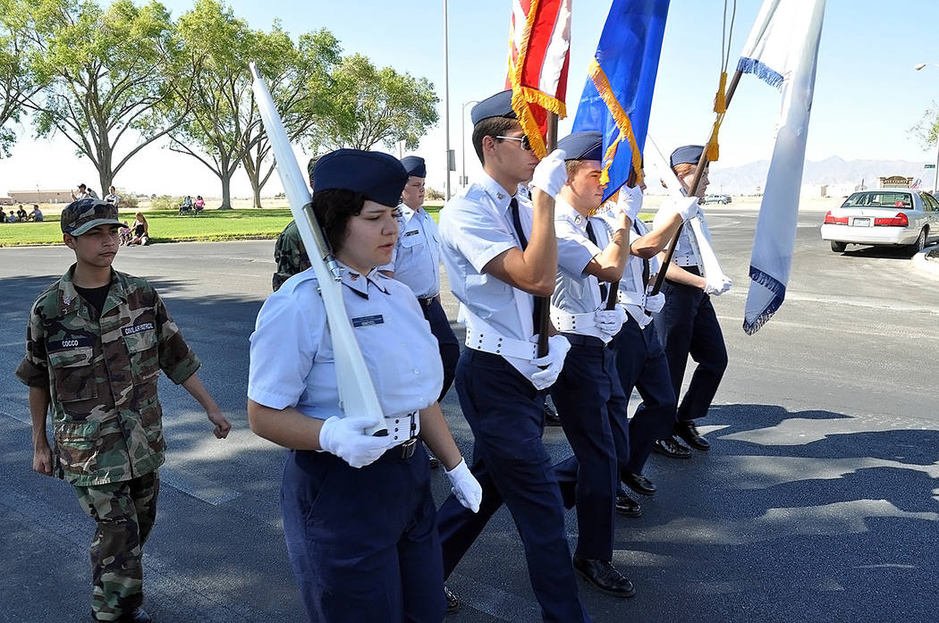 Horace Langford Jr./Pahrump Valley Times- Pahrump Valley High School’s Civil Air Patrol Color Guard kicked-off Saturday’s Parade, heading southbound on Highway 160.