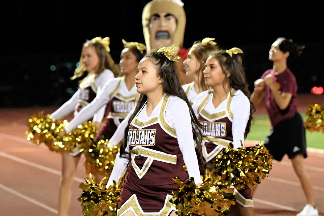 Peter Davis/Special to the Pahrump Valley Times

Pahrump Valley’s cheer squad cheers on the Trojans football team during last week’s home game against Desert Pines.