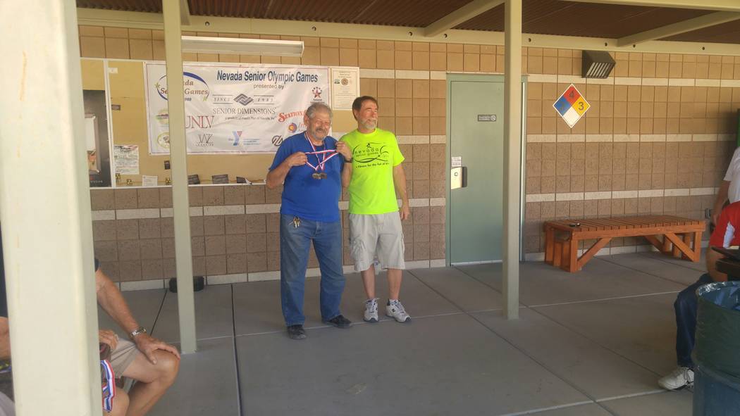 Special to the Pahrump Valley Times

Bill Morris displays his two gold medals from this year’s shooting competition on Sept. 13 at the Nevada Senior Games in Las Vegas. The games started on Sept ...