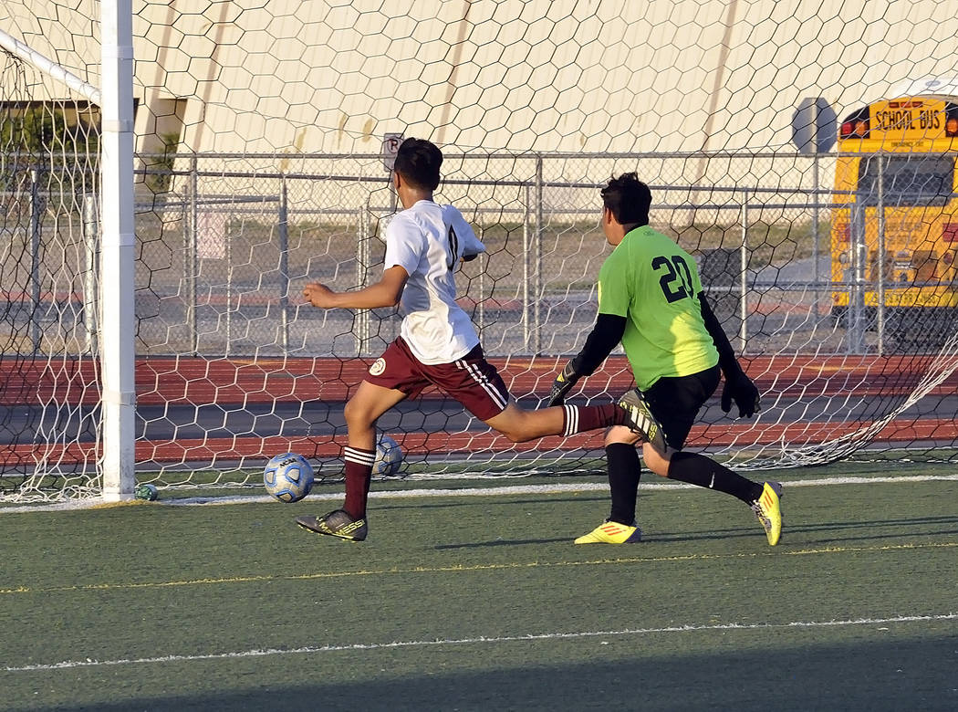 Horace Langford Jr./Pahrump Valley Times

Junior Alvaro Garcia led his team in scoring against Mojave with two goals. His second goal of the night tied the game up at 4.