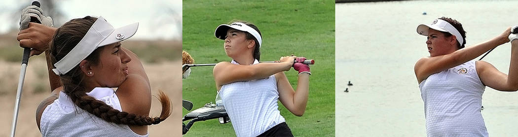 Horace Langford Jr./Pahrump Valley Times
From left to right, Pahrump Valley’s top golfers from Aliante: fourth place finisher, junior Jessica Pearson; second place, freshman Breanne Nygaard and  ...