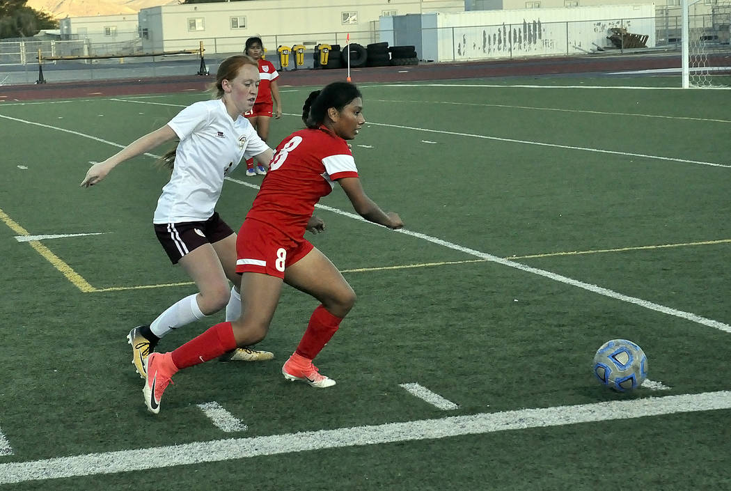 Horace Langford Jr./Pahrump Valley Times
At PVHS girls soccer vs. Western, Kaitlyn Carrington pursues the ball against Western. Carrington got an assist in the second half during a corner kick she ...