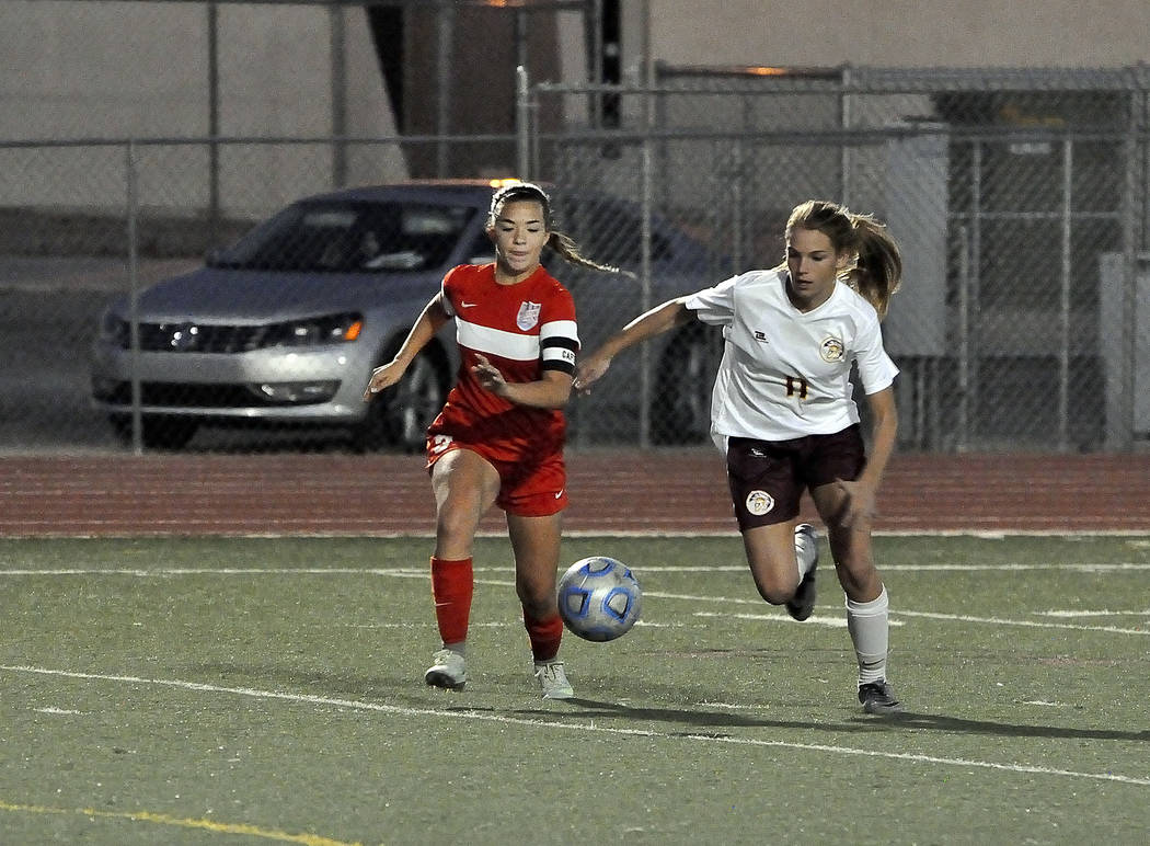 Horace Langford Jr./Pahrump Valley Times
Madelyn Souza attacks the ball during the Western game on Monday night. It was a highly defensive game on both sides until the second half.