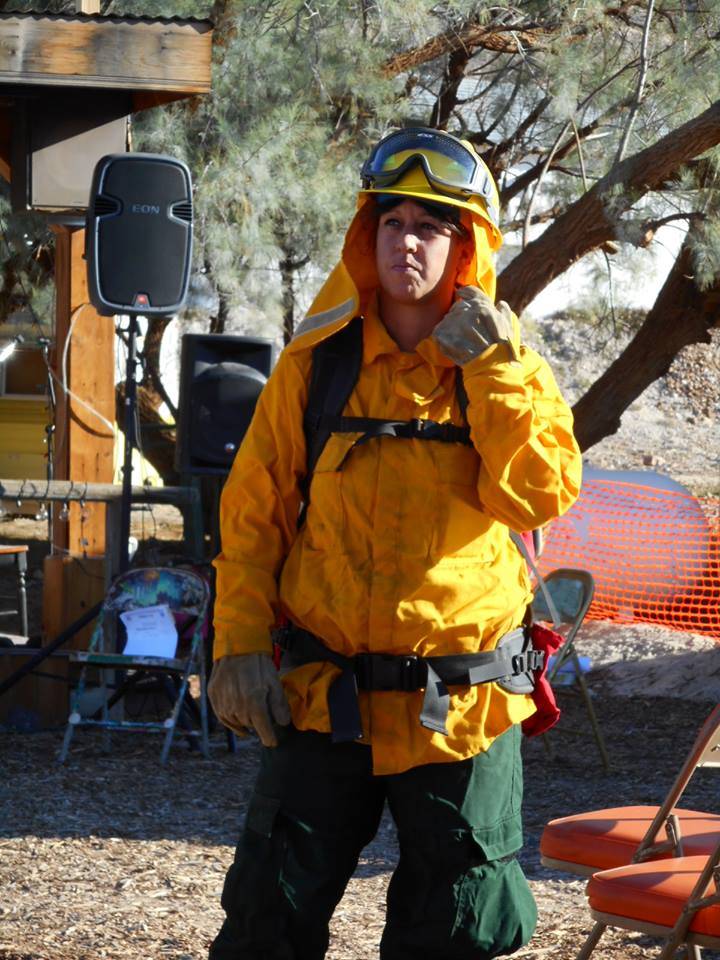 Southern Inyo Fire Protection District Firefighter Angie Sinhoui in wildland gear at 2016 SIFPD fundraiser.