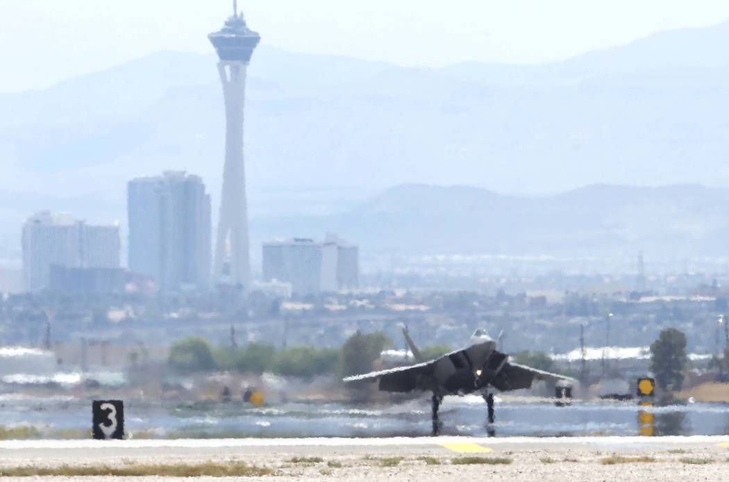 Bizuayehu/Tesfaye Las Vegas Review-Journal 
An F-22 Raptor takes off from Nellis Air Force Base for a training flight on Wednesday, July 26, 2017, in the Las Vegas area.