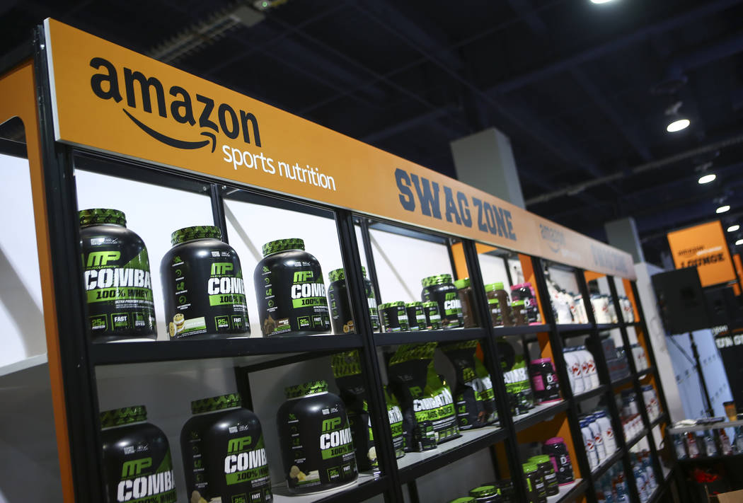 Chase Stevens/Las Vegas Review-Journal 
Supplements on display at the Amazon booth at the Las Vegas Convention Center in Las Vegas on Friday, Sept. 15, 2017. Amazon plans to hire as many as 50,000 ...