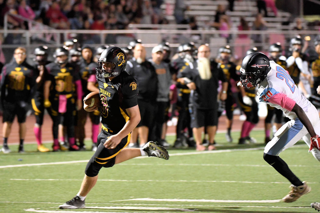 Peter Davis/ Special to the Pahrump Valley Times
Tyler Floyd runs for the end zone during the Western game. The Trojans had a chance during the game to play seniors and underclassmen that normally ...