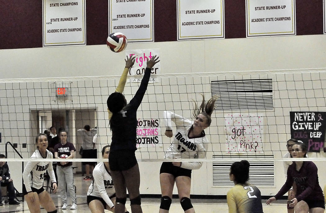 Horace Langford Jr./Pahrump Valley Times

Sophomore middle blocker Kylie Stritenberger unleashes a powerful hit on Cheyenne in Monday night’s game. Stritenberger had 13 kills and seven blocks fo ...