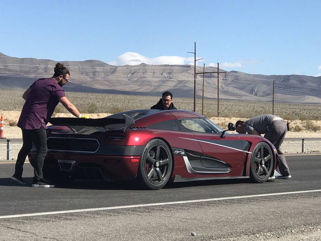 Jeffrey Meehan/Pahrump Valley Times
The record-breaking Koenigsegg Agera RS is readied for another run along an 11-mile stretch on Highway 160 on Nov. 4, between the Tecopa turnoff and Spring Moun ...