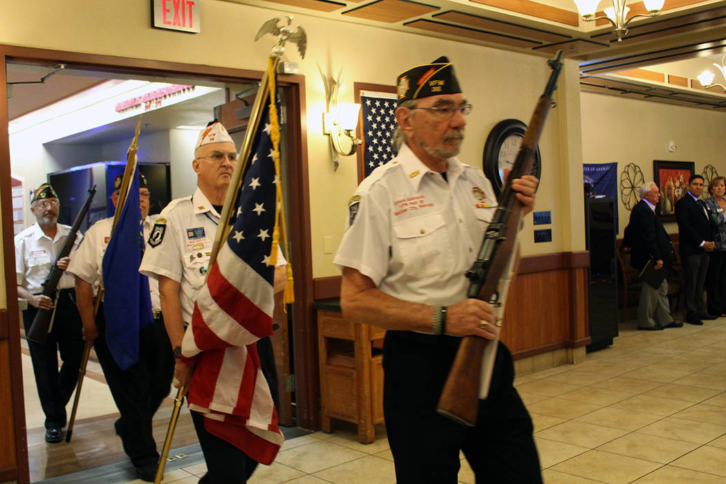 The Honor Guard opens up a ceremony for Vietnam veterans at Nevada State Veterans Home in Boulder City on Nov. 3, 2017. The Vietnam veterans were given special coins, designed by Vegas PBS. Briana ...