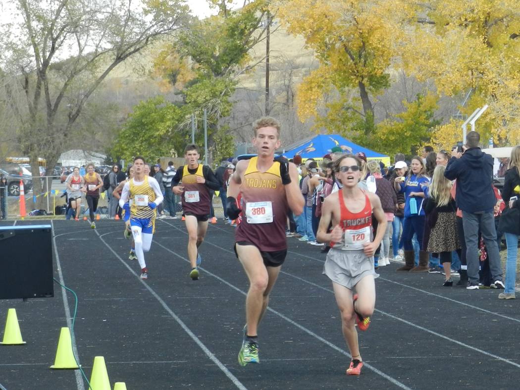 Special to the Pahrump Valley Times
Senior Layron Sonerholm finishes strong in his last meet of this career with the Trojans. He finished 34th (19:14).