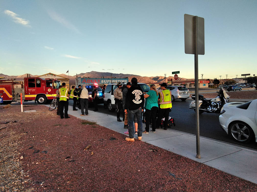 Selwyn Harris/Pahrump Valley Times 

No serious injuries were reported following a vehicle versus pedestrian collision at Yellowhand Street, adjacent to Sonic Burgers along Highway 160 late Monday ...