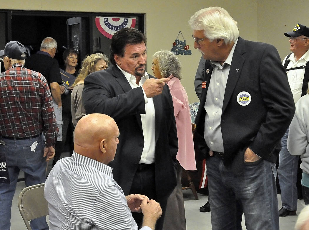 Horace Langford Jr./Pahrump Valley Times -  
From left to right: Brothel owner Dennis Hof, Nevada Republican Party Chairman Michael McDonald and Nye County Republican Central Committee Chairman Jo ...