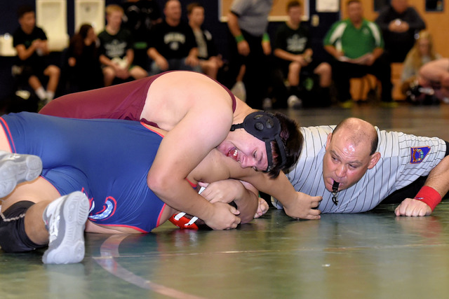 Peter Davis / Special to the Pahrump Valley Times

Christain Monje at 195 pounds went 4-0 at the Spring Valley Duals, seen above bringing the hammer down on his opponent.