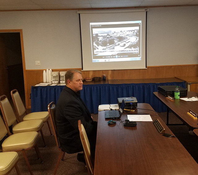 Rob Lauer of Silver Bullet Nevada rail systems, speaks to the Tonopah Town Board on Jan. 11. Lauer described the early phases of a proposed high-speed rail system between Las Vegas and Reno with s ...