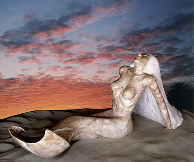 Pete Ehrlich created a sculpture of a mermaid, “Paula," out of a five ton alabaster rock from St. George, Utah in his former Culver City, California studio. When finished, she was scaled down to ...