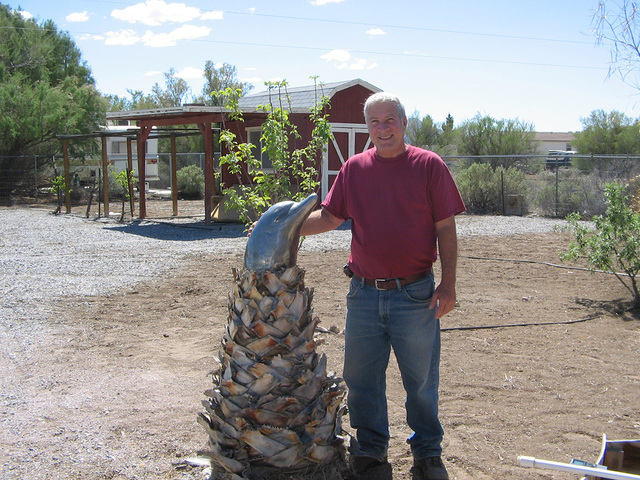 Retired sculptor Peter David "Pete" Ehrlich, now living in Pahrump, poses with his dolphin sculpture cast in stainless steel. Ehrlich crafted the original clay model and mold for the mammal in the ...