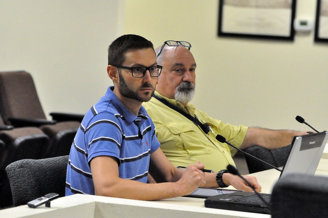 Pahrump Regional Planning Commission Chairman Gregory Hafen and Nye County Planning Department Director Darrell Lacy talk to Nye County Water District Governing Board about a water conservation pl ...