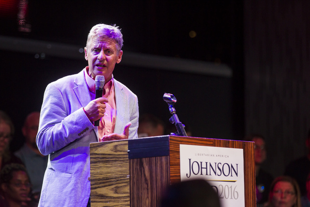 Libertarian presidential candidate Gary Johnson speaks during a campaign rally at the SLS hotel-casino in Las Vegas on Thursday, Aug. 18, 2016. Chase Stevens/Special to the Pahrump Valley Times