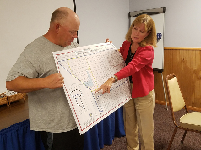 Tonopah Public Utilities Manager Joe Westerlund and town Administrative Manager Chris Mulkerns, as shown in this Sept. 14 photo at the town board meeting, hold a map showing the proposed annexatio ...