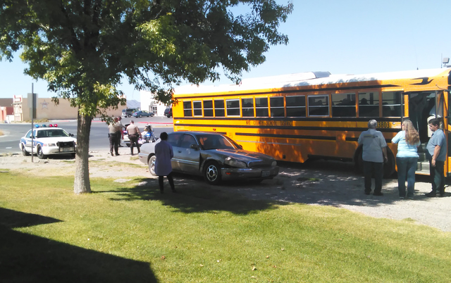 No injuries were reported after a car collided with a Nye County School District bus at the intersection of Calvada and Pahrump Valley boulevards just before 1 p.m. on Tuesday. The bus carrying 32 ...