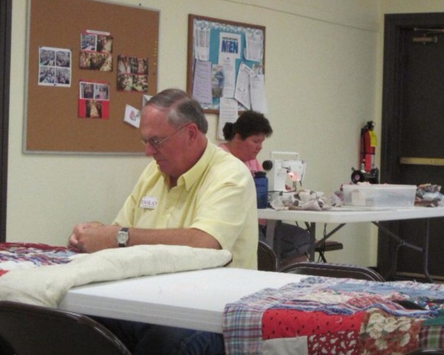 Pahrump resident Bill Dolan takes needle and thread to create pillowcases destined for students in the Nye County School District’s transition program last year. The Pahrump Community Sew-in tak ...