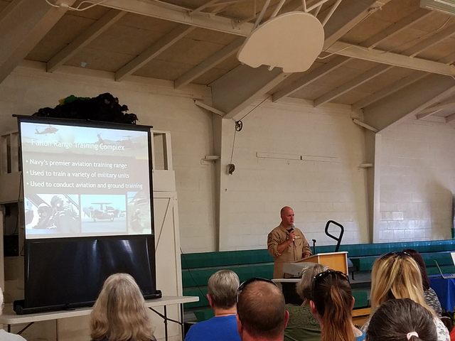 Capt. David Halloran, the commanding officer of Naval Air Station Fallon, speaks to a crowd in Gabbs on Oct. 7. A public meeting was held there on the proposed expansion of the Navy's Fallon Range ...