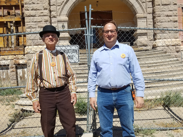 John Ekman, left, and Dominic Pappalardo, business owner and former Esmarelda County commissioner, are helping lead efforts to restore Goldfield High School. $200,000 has been estimated to have be ...