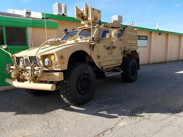 A Navy vehicle used by the SEALs  arrived in the Nye County community of Gabbs on Oct. 7 ahead of a public meeting on proposed expansion of Naval Air Station Fallon's training complex. The MRAP (m ...