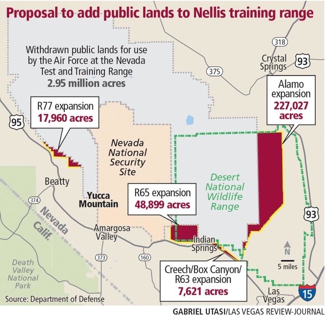 A map showing the proposed land withdrawl by Nevada Test and Training Range, including 17,960 acres northeast of Beatty