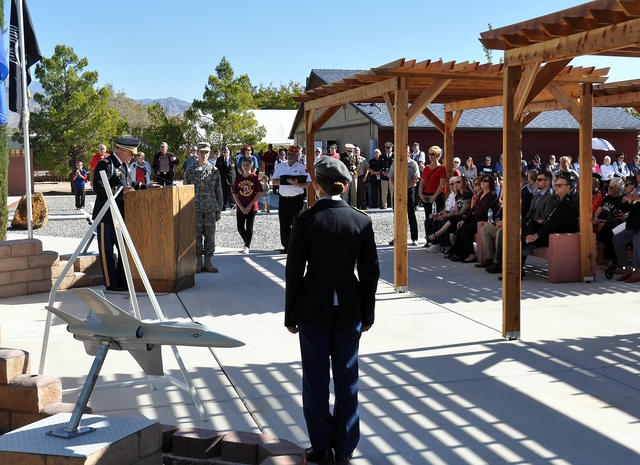 Pahrump Valley High JROTC Commander Patrick Nary provides opening remarks during the community’s Veterans Day ceremony at the veterans’ section of Chief Tecopa Cemetery last Friday. Upward of  ...