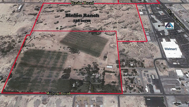 An outline of the 138-acre Binion Ranch, which was sold to a Las Vegas family for $1 million on Nov. 9. Ralph L. and Betty L. McKnight acquired the property between Wilson Road and Basin Avenue th ...
