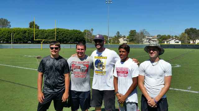 Pahrump football players attend Nick Hardwick football camp in San Diego. From left to right: Morgan White, Jeremy Albertson, Nick Hardwick former San Diego Charger, Jacob Sawin and Dylan Coffman.