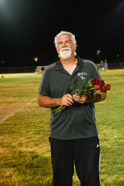 Coach Leo Verzilli is honored by the school during halftime this year at homecoming. He was recently named the Nevada 1A Southern Conference Coach of the Year. 
Skylar Stephens / Special to the Pa ...