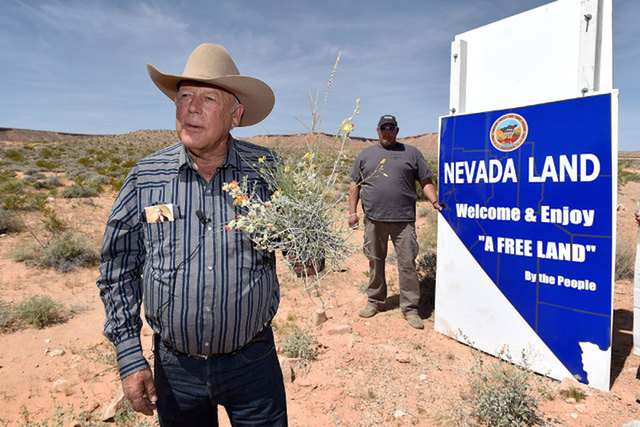 Rancher Cliven Bundy, currently in federal custody, displays a bouquet of desert foliage, the type his cattle graze on, during a news conference near his Bunkerville ranch in April 2015.  
David B ...