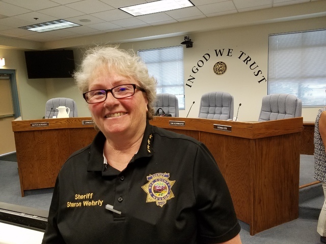 Nye County Sheriff Sharon Wehrly as shown in Aug. 2 photo in Tonopah. Wehrly in an interview discussed efforts by her office in the wake of violence elsewhere in the USA, her thoughts on gun-contr ...