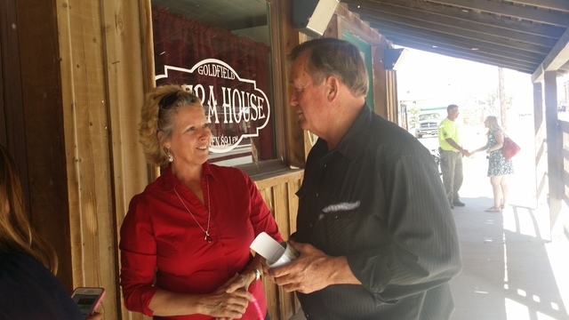 U.S. Rep. Cresent Hardy, R-Mesquite, at meet and greet June 18 at newly opened Goldfield Opera House in Goldfield. Outside the opera house, Hardy speaks with Jody Davarpanah of the Elite Trading P ...