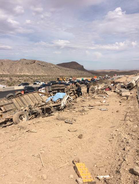 The aftermath of the fatal crash on State Route 160 involving a 10-wheel trailer truck and two vehicles. Two passengers in a RV were pronounced dead at the scene.
Special to the Pahrump Valley Times