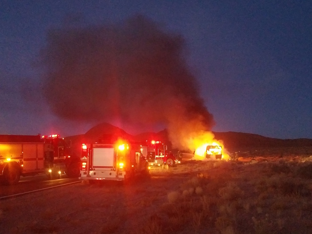 A motorhome burned in a fire Monday night along U.S. Highway 6 about 20 miles east of Tonopah, blocking traffic at Salisbury Peak. The 40-foot motor home is a total loss.  
David Jacobs/Times-Bona ...