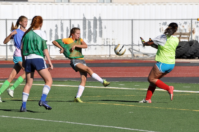 Horace Langford Jr. / Pahrump Valley Times
Grace Gundacker goes for the ball in a scrimmage. Gundacker scored a goal at the Mesquite Cup last weekend.