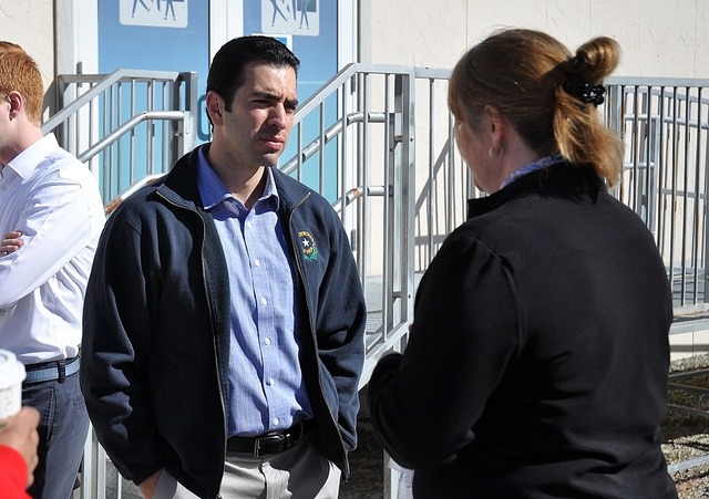 Congressman Ruben Kihuen talks with Stacy Smith, director of the NyE Communities Coalition, during his visit to Pahrump on Friday. 
Horace Langford Jr. / Pahrump Valley Times