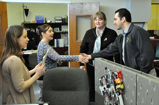 Ruben Kihuen, Nevada’s 4th Congressional District Representative shakes hands with an employee during his tour of NyE Communities Coalition on Friday. The stop marked Kihuen’s first visit to P ...