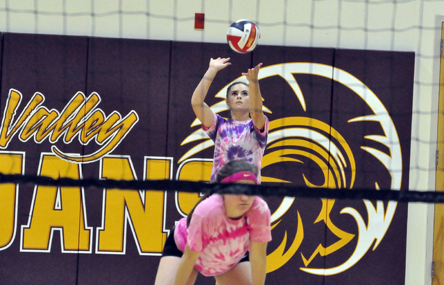 Horace Langford Jr. / Pahrump Valley Times 
Maddie Hansen serves against the Rattlers. The freshman is the youngest player on the varsity team.