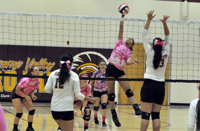 Horace Langford Jr. / Pahrump Valley Times 
Isabell Meza goes for the ball against Mojave. The Trojans won against Mojave in five sets. It was the first time this year that they had to go to five  ...