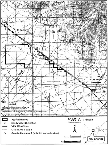 A map provided in the application shows the area along Nevada State Route 160 where a Yellow Pine Solar Project would be located.