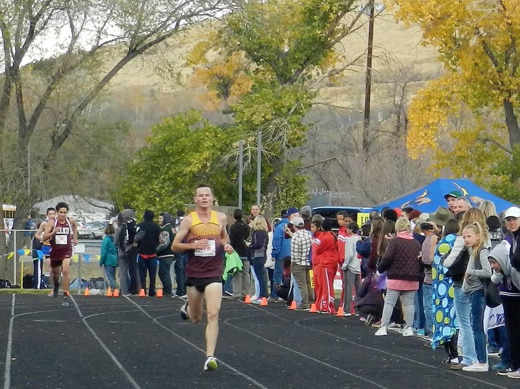 Special to the Pahrump Valley Times
Bryce Odegard in his last finish as a cross-country runner for Pahrump Valley High School. He finished in third place (17 minutes, 38 seconds). He has been name ...
