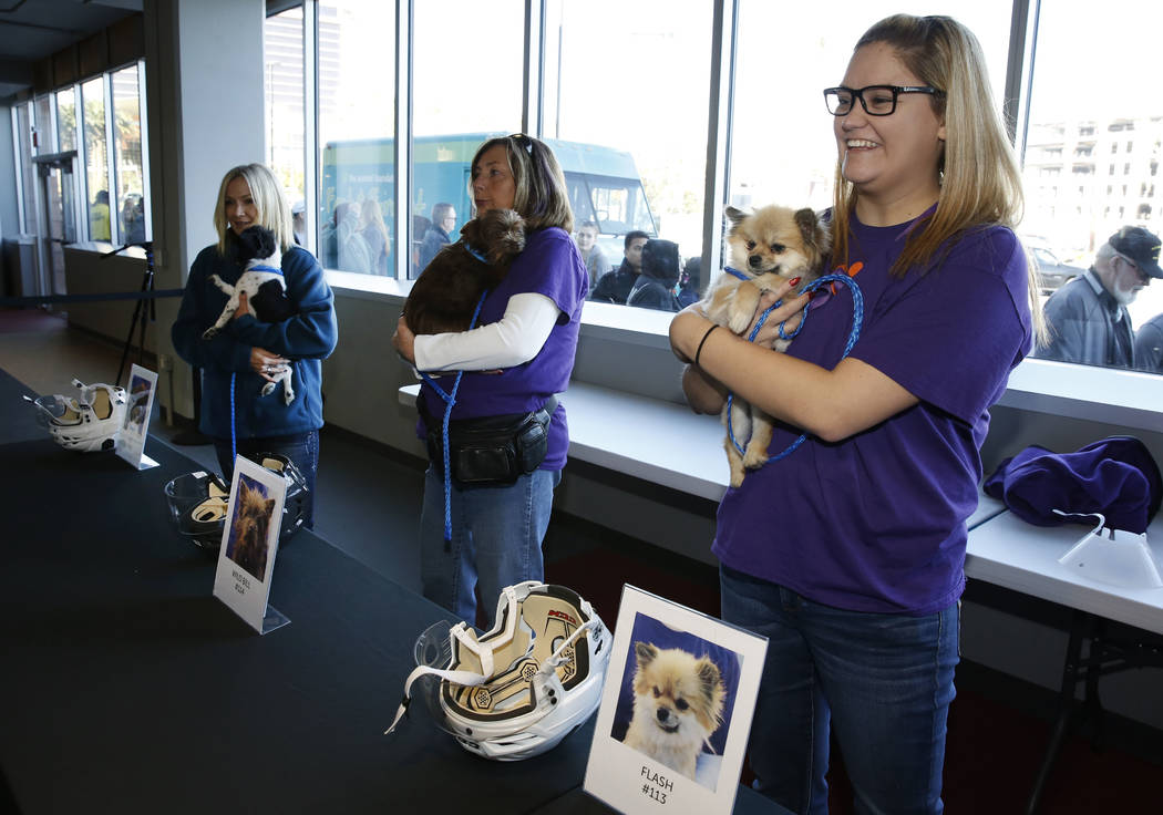 Volunteers, including Sydney Yanez, right, hold dogs at City National Arena Monday, Dec. 18, 2017, in Las Vegas. The Vegas Golden Knights and the Animal Foundation held a Pucks for Paws community  ...