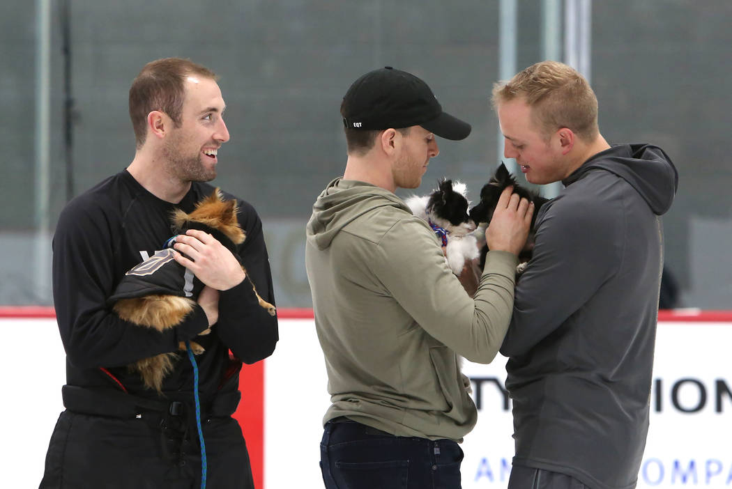 The Vegas Golden Knights, Brad Hunt, left, Jonathan Marchessault, Nate Schmidt, right, hold Pomeranian dogs during the auction at City National Arena Monday, Dec. 18, 2017, in Las Vegas. The Vegas ...